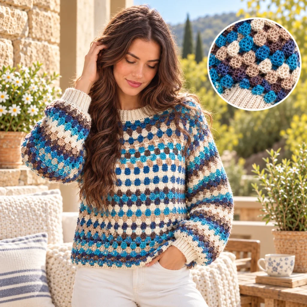 Granny Stitch Crochet Sweater Pattern PDF | Easy Top-Down Pullover | Sizes XS–5X