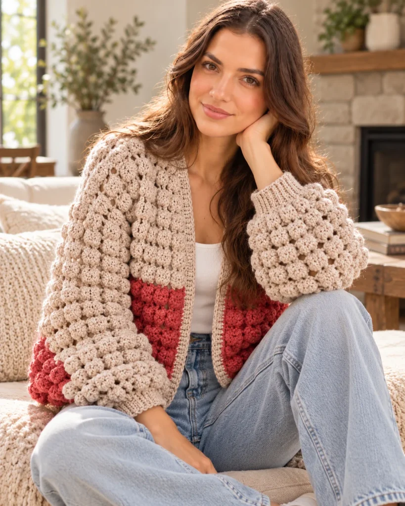 Chunky 3D Crochet Cardigan Pattern PDF | Easy Oversized Bobble Stitch Jacket | Sizes S–XL + Video Tutorial