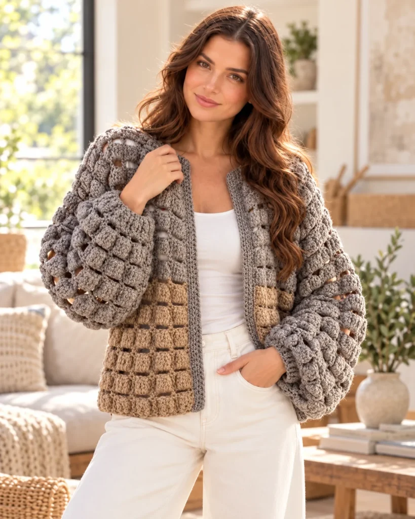 Chunky 3D Crochet Cardigan Pattern PDF | Easy Oversized Bobble Stitch Jacket | Sizes S–XL + Video Tutorial