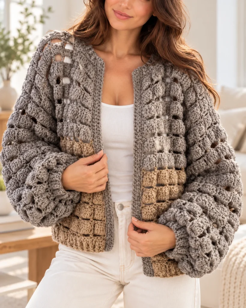 Chunky 3D Crochet Cardigan Pattern PDF | Easy Oversized Bobble Stitch Jacket | Sizes S–XL + Video Tutorial