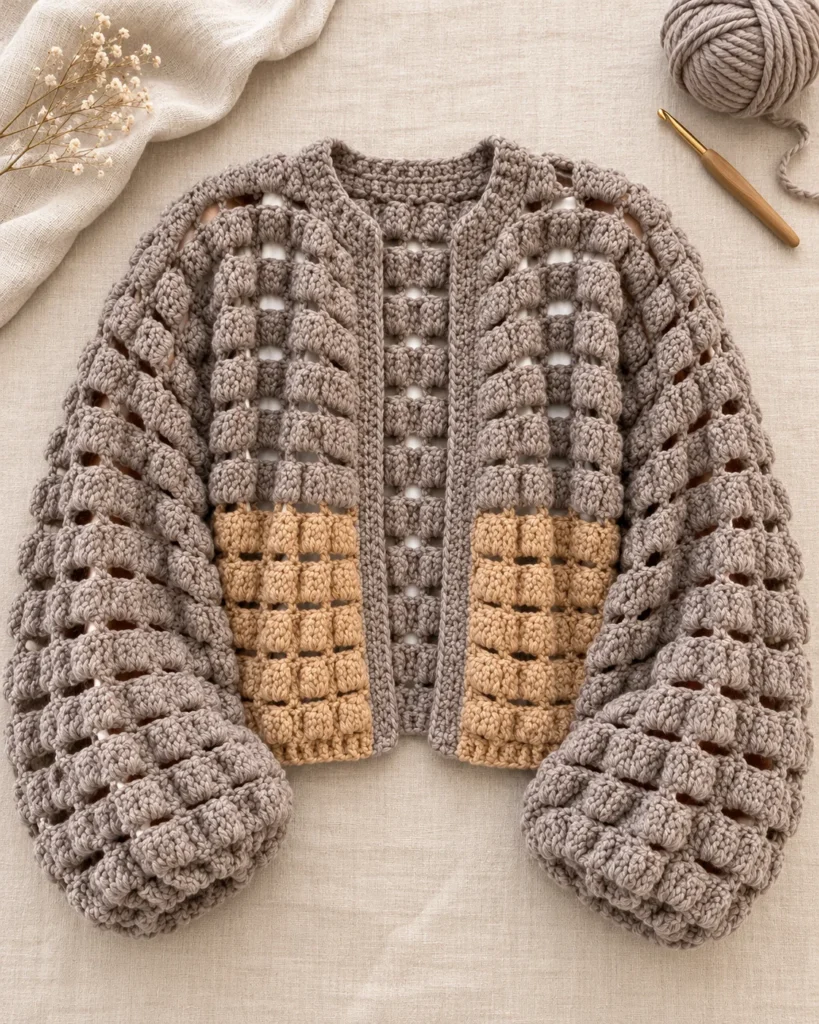 Chunky 3D Crochet Cardigan Pattern PDF | Easy Oversized Bobble Stitch Jacket | Sizes S–XL + Video Tutorial