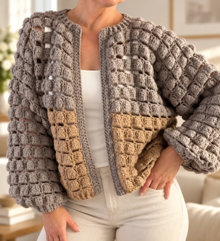 Sofia modeling the gray-and-beige cardigan, front view.