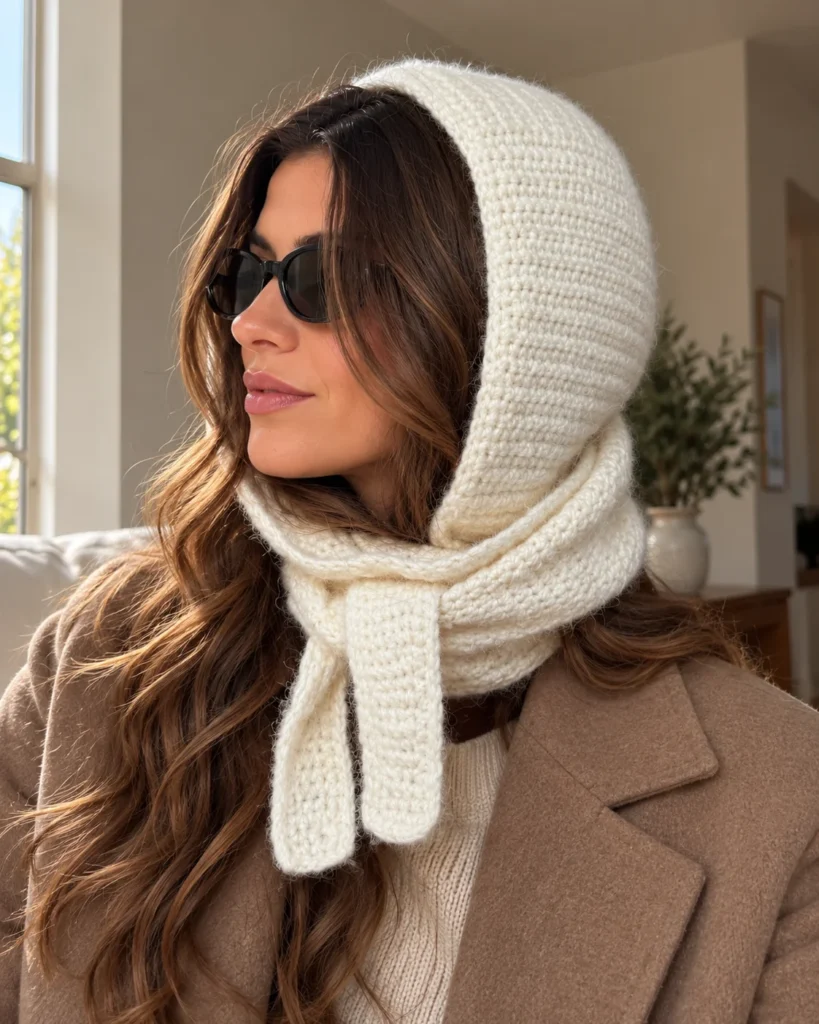 Woman wearing a cozy crochet hooded scarf with a rounded hood