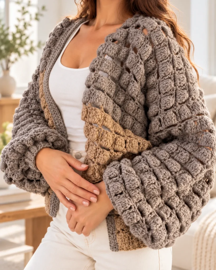Chunky 3D Crochet Cardigan Pattern PDF | Easy Oversized Bobble Stitch Jacket | Sizes S–XL + Video Tutorial